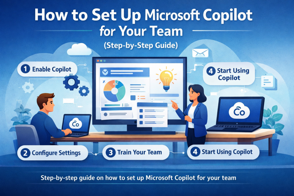 How to set up Microsoft Copilot for your team with step-by-step process including enabling Copilot, configuring settings, training users, and starting usage.