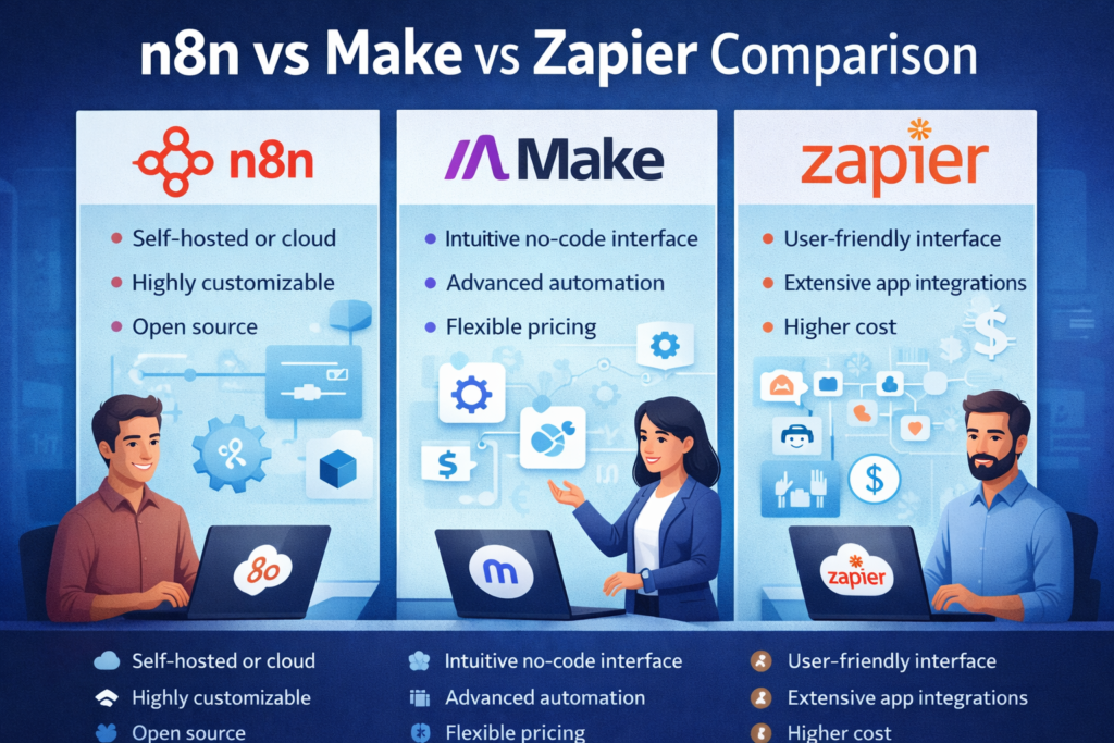 n8n vs Make vs Zapier comparison showing features like automation capabilities, integrations, pricing, and ease of use