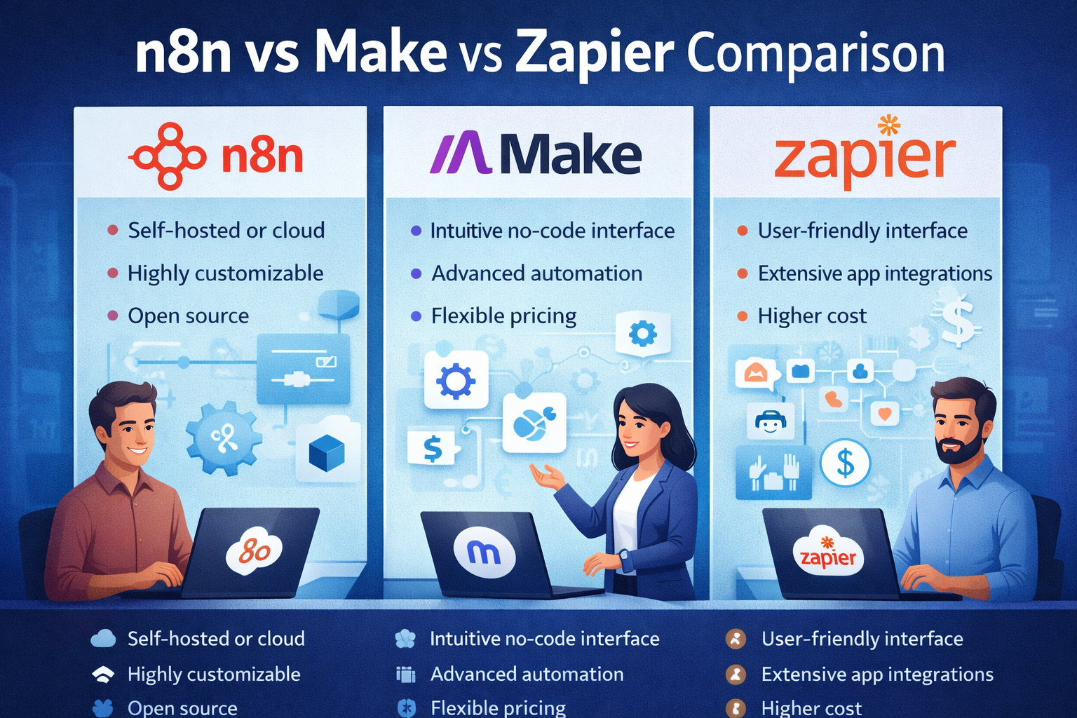 n8n vs Make vs Zapier comparison showing features like automation capabilities, integrations, pricing, and ease of use