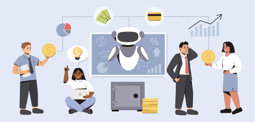 Illustration showing the 5 stages of AI maturity business model, from awareness and experimentation to integration and AI-driven transformation.