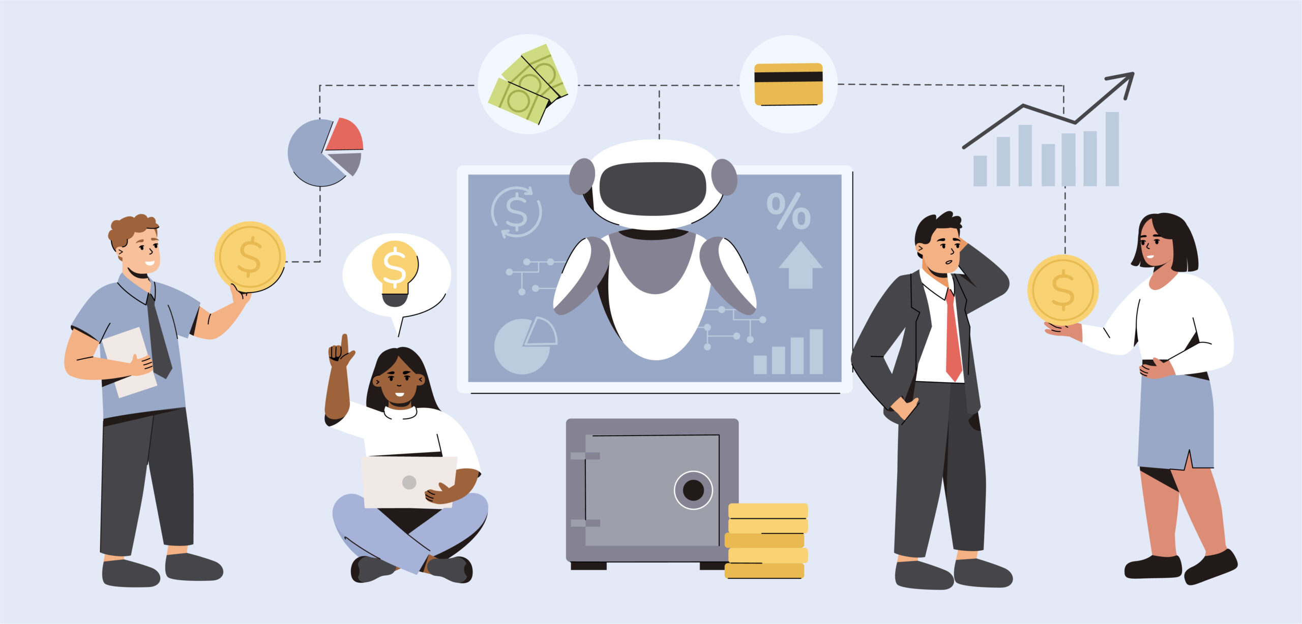 Illustration showing the 5 stages of AI maturity business model, from awareness and experimentation to integration and AI-driven transformation.